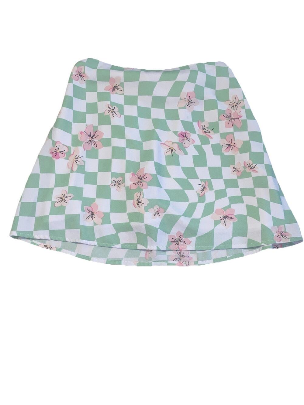 hollister green white checkered pink flower mini skirt size S